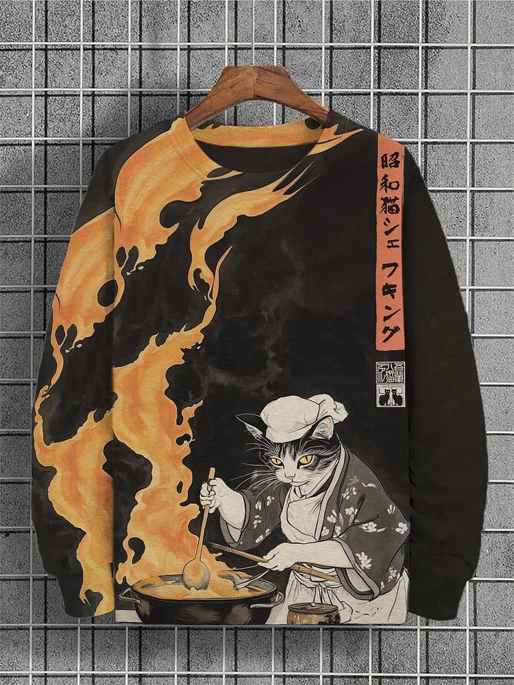 Men's Japanese Art Chef Cat Print Casual Sweatshirt