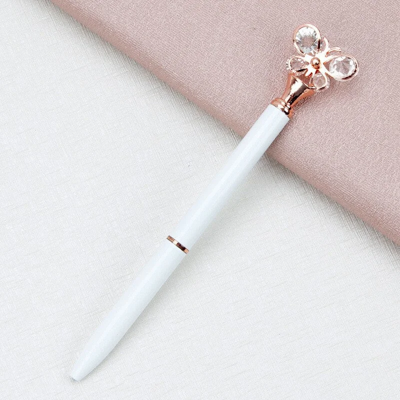 1 PCS Glass Butterfly School Pen 1 mm Bullet Point Metal Ballpoint Pen Spare Black Writing Pen For Student Rose Gold Stationery