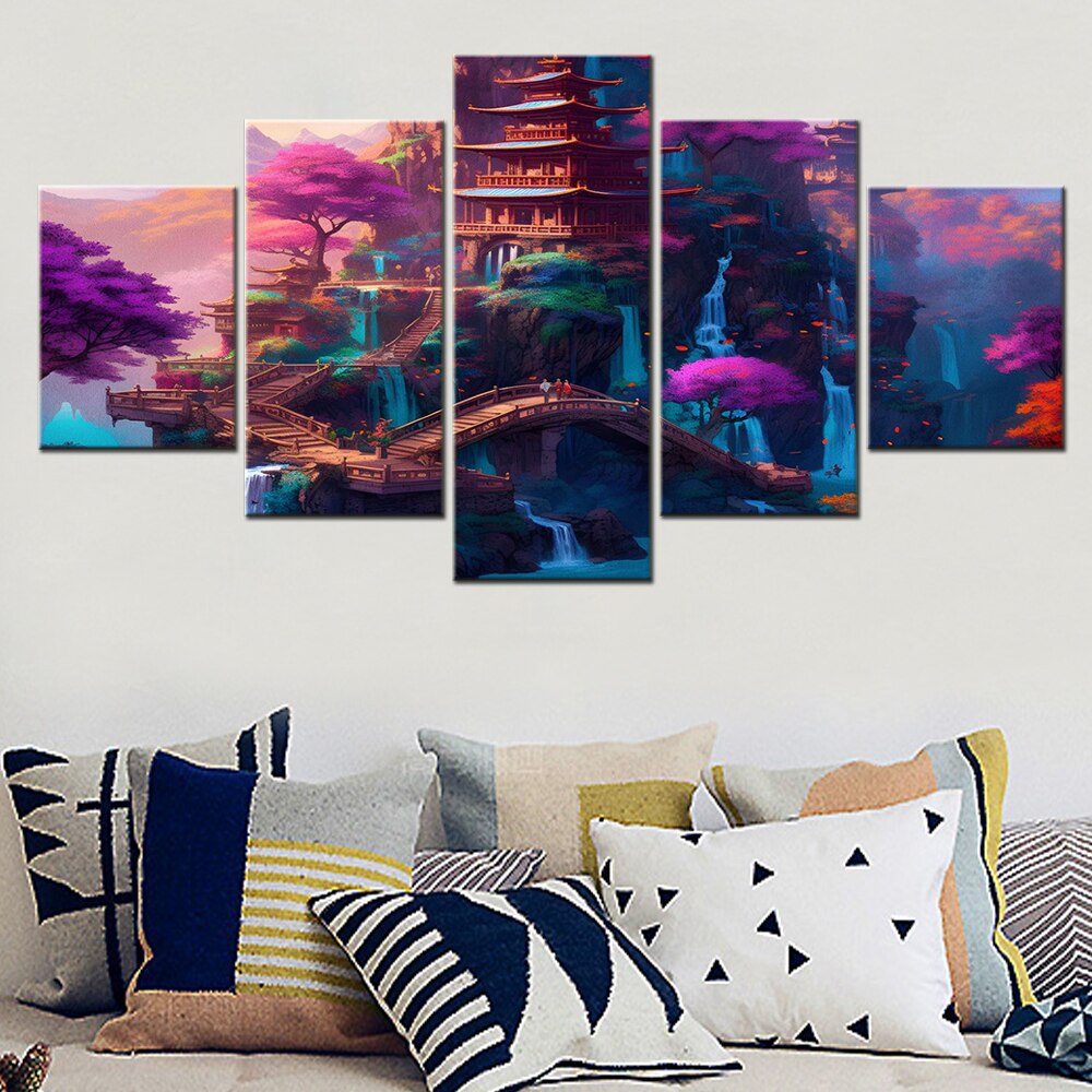 5 Pieces Home Decoration Painting Landscape Japanese Fantasy Mountain Poster Canvas Wall Prints Modular Pictures For Living Room
