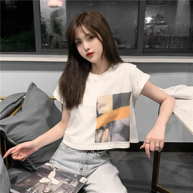 Uveng Uveng Celebrity Short-Sleeved T-Shirt Female Jacket Short Style Student Korean Version Loose 2024 Summer New Heart Machine Crop Ins Tide