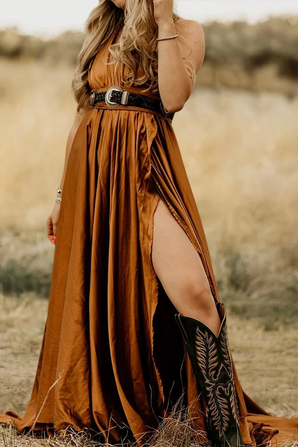 Halter Neck Slit Sleeveless Maxi Dress
