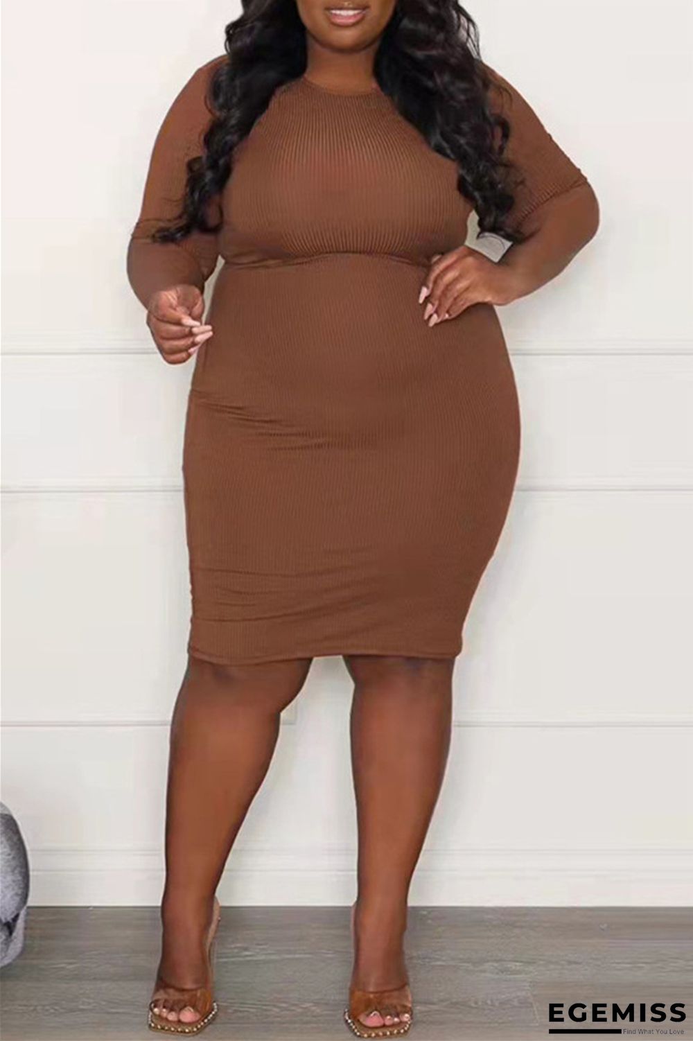 Brownness Fashion Casual Plus Size Solid Basic O Neck Short Sleeve Dress | EGEMISS