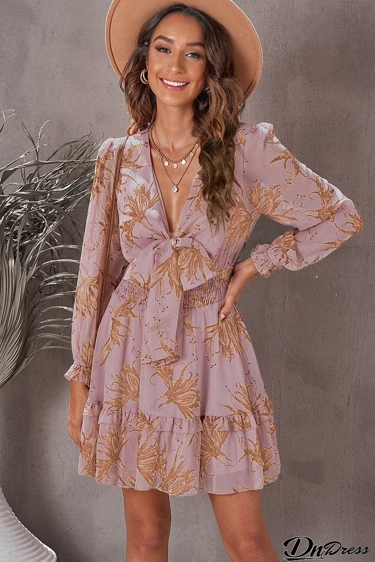 Floral Deep V Flounce Sleeve Mini Dress