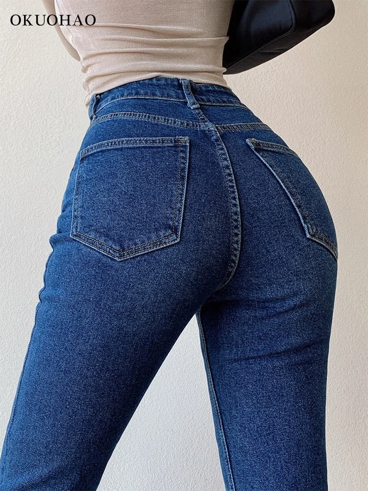 Graduation Gifts  Okuohao Skinny Bell Bottom Jeans High Waist Stretch Straight Slim Fit Flared Denim Pants Fashion Casual Wash Black Y2k Trousers