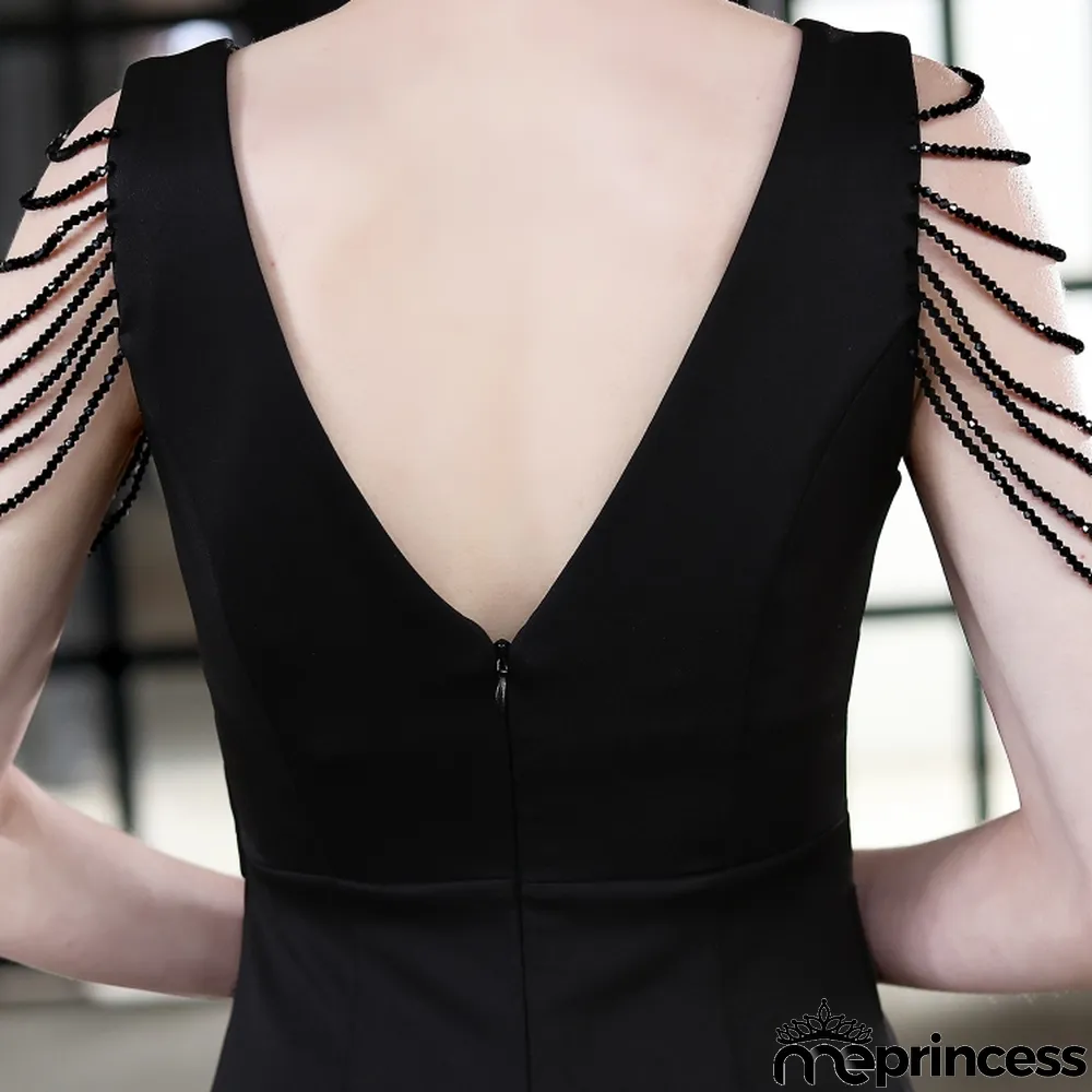 Summer Formal Black Chains Slit V-Neck Evening Dress