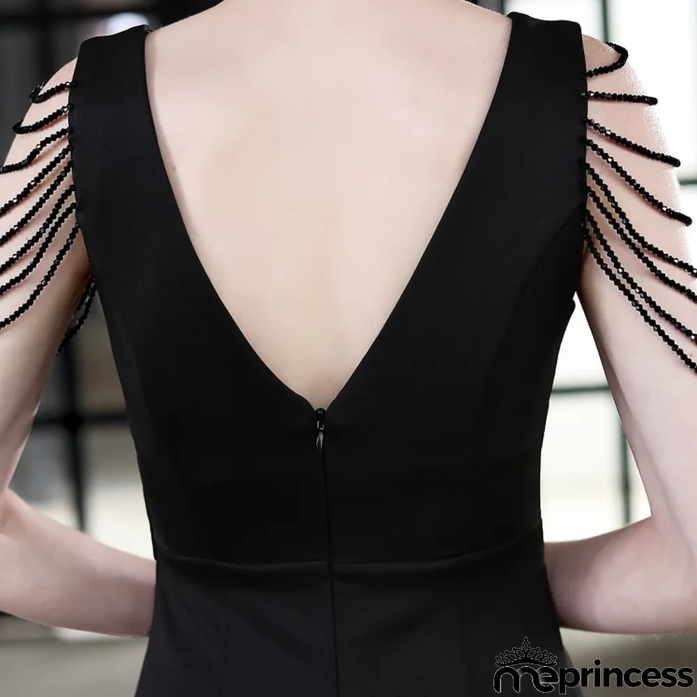 Summer Formal Black Chains Slit V-Neck Evening Dress