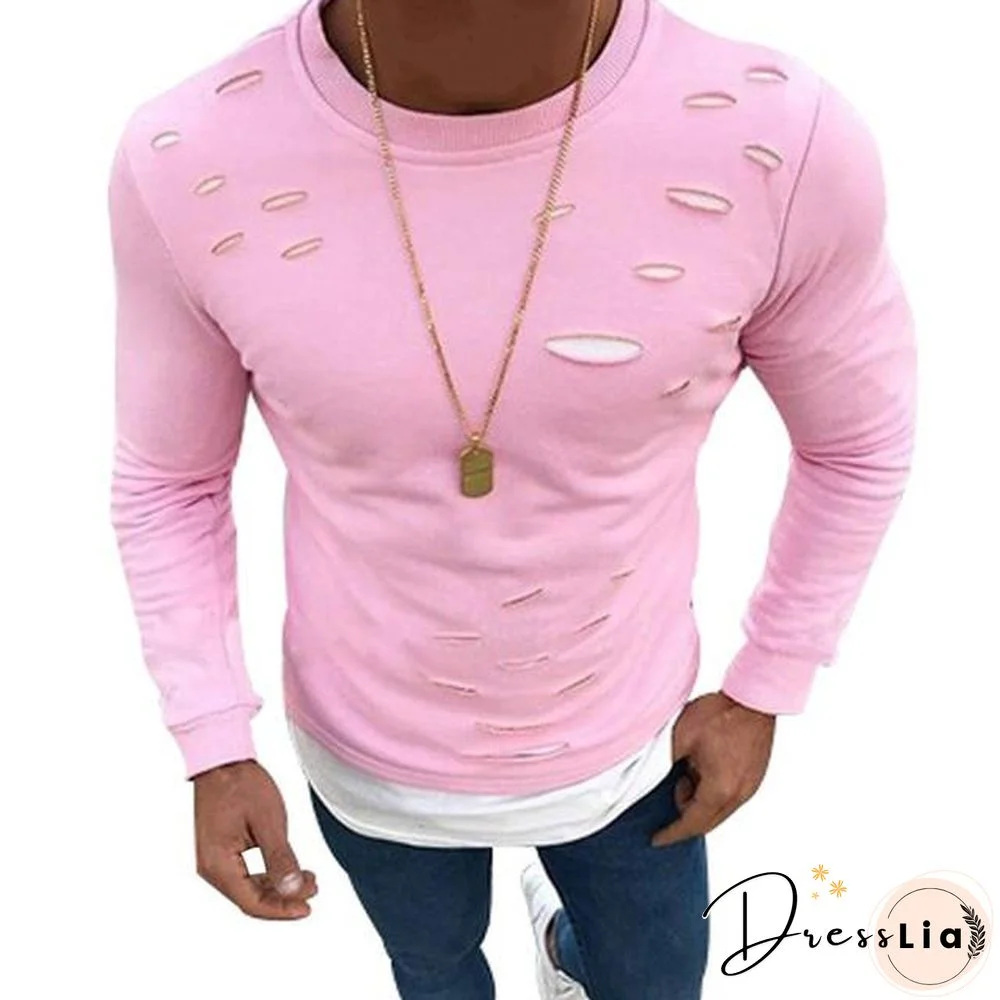 Fake Two Pieces Hole Irregular Mens T-Shirt Good Quality Patchwork Elastic Long Sleeve Male Solid O-Neck Tshirt