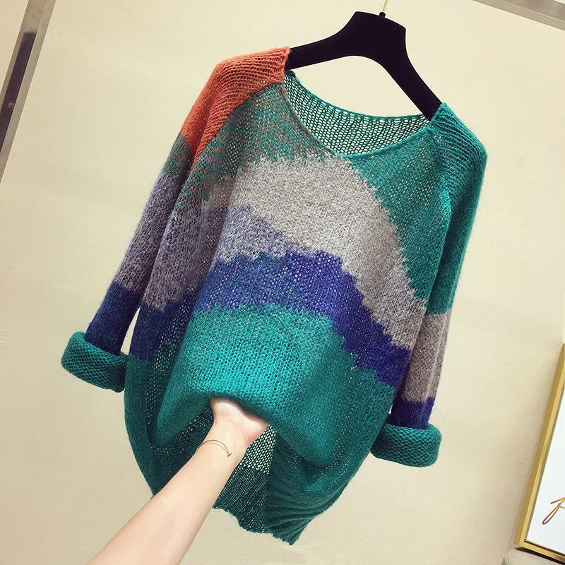 Striped Color-block Knitted Sweater Women Fashion Thin Section Long-sleeved Loose Hollow Lazy Sweater Pullover Female Spring