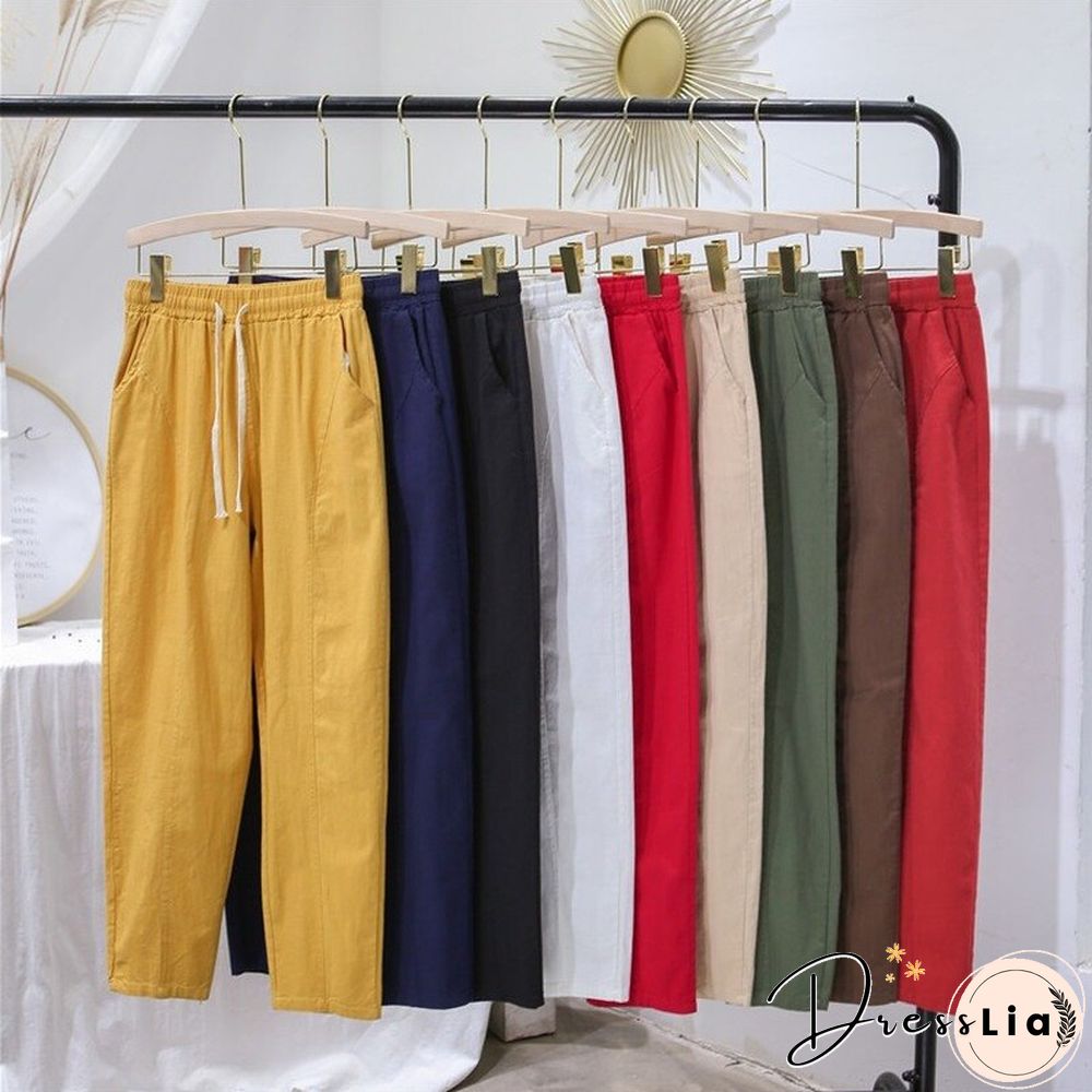 Summer Womens Pants-Cotton Linen Large Size Casual Loose Ankle-Long Capri Drawstring