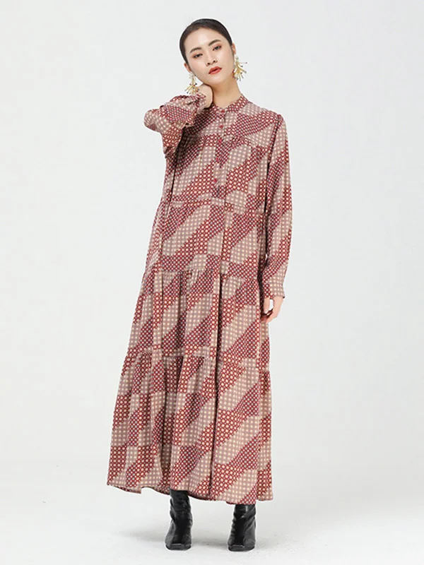 Vintage Plaid Split-Joint Long Sleeve Loose Dress