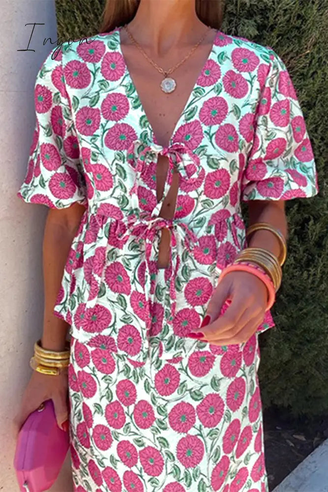 Elegant Print Floral Hollowed Out Frenulum V Neck Short Sleeve Two Pieces Rose Red / S