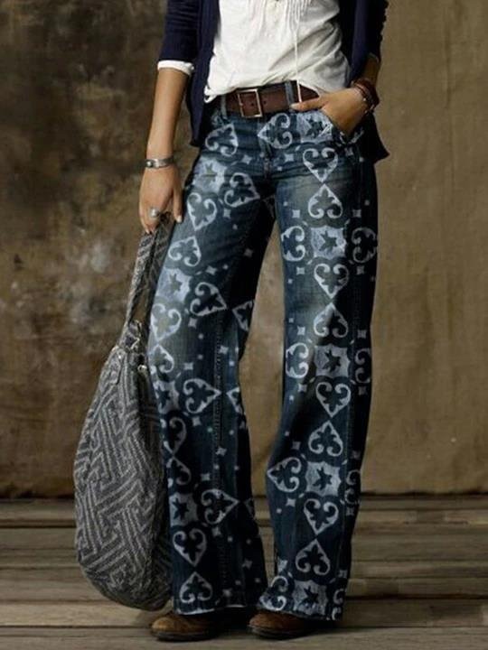 Vintage Ethnic Print Wide-Leg Jeans