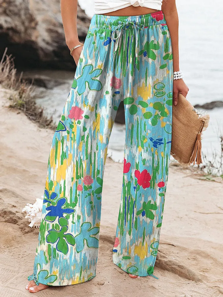 Women's  Vintage Flowers Art  Printed Cotton And Linen Casual Pants
