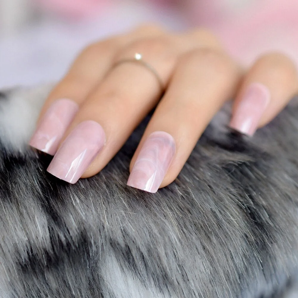 24 Count Beige Artificial Nails Classical Almond Shape French Nail Sweet Smile Line with Adhesive Glue Sticker-Nail Inspo