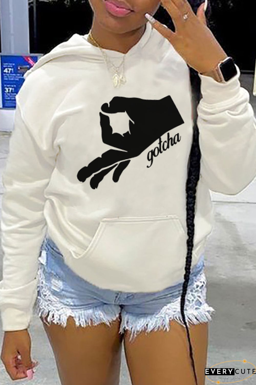 Living Print Printing Hooded Collar Tops