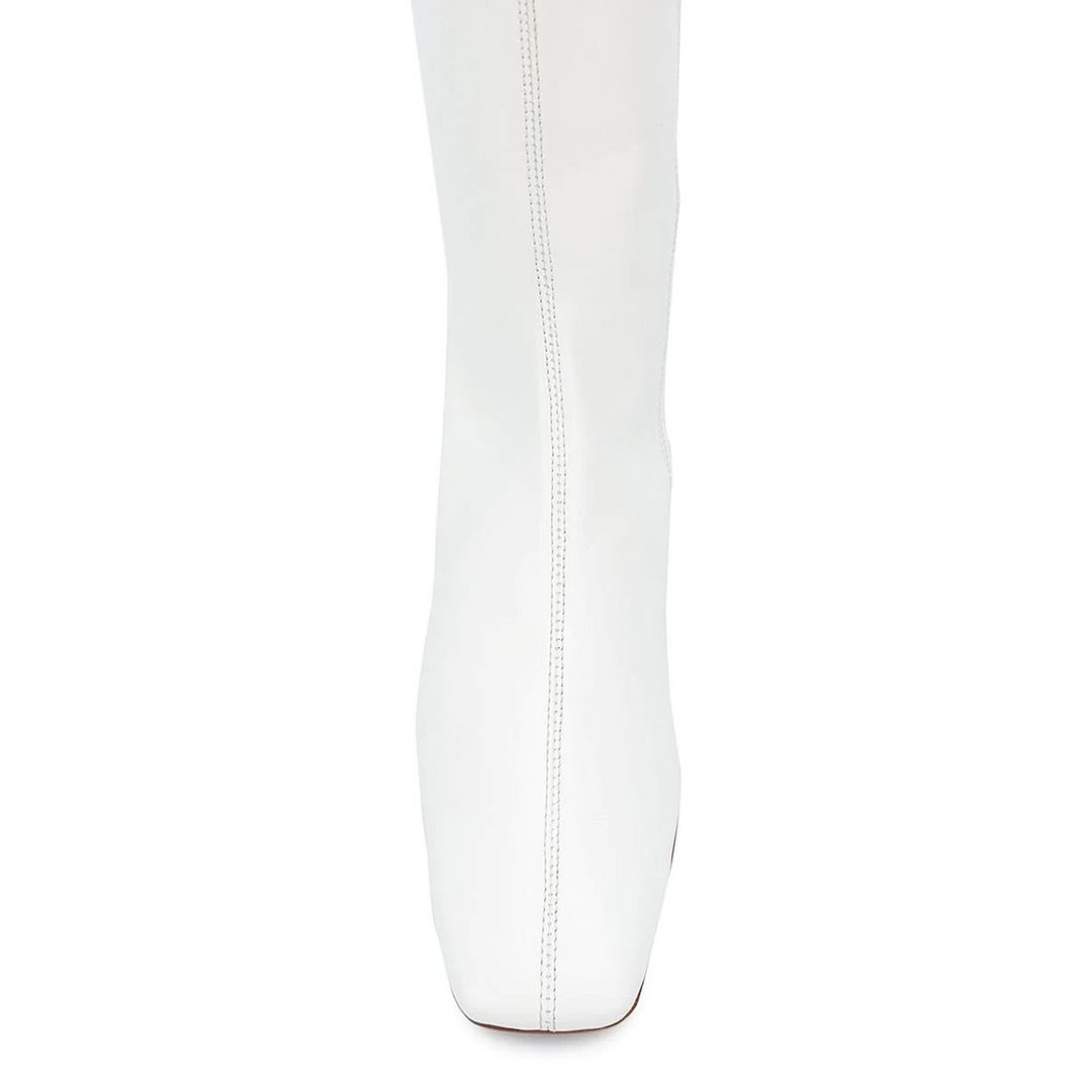 Vegan Leather Pull-On Square Toe Knee High Heel Boots in White