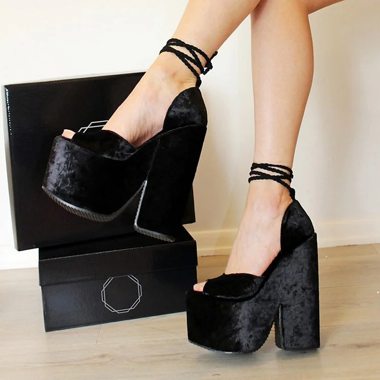 Black Velvet Chunky Peep Toe Wrap Sandals High Heels - Elegant and Stylish. Vdcoo