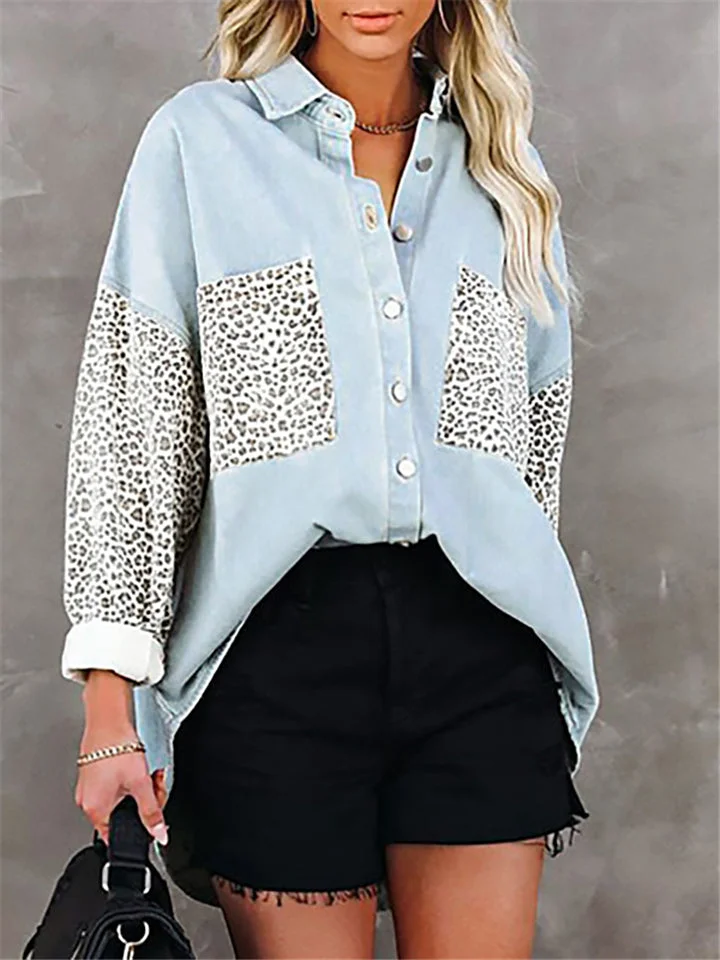 Casual Chest Pocket Leopard Classic Collar Button Closure Blouse