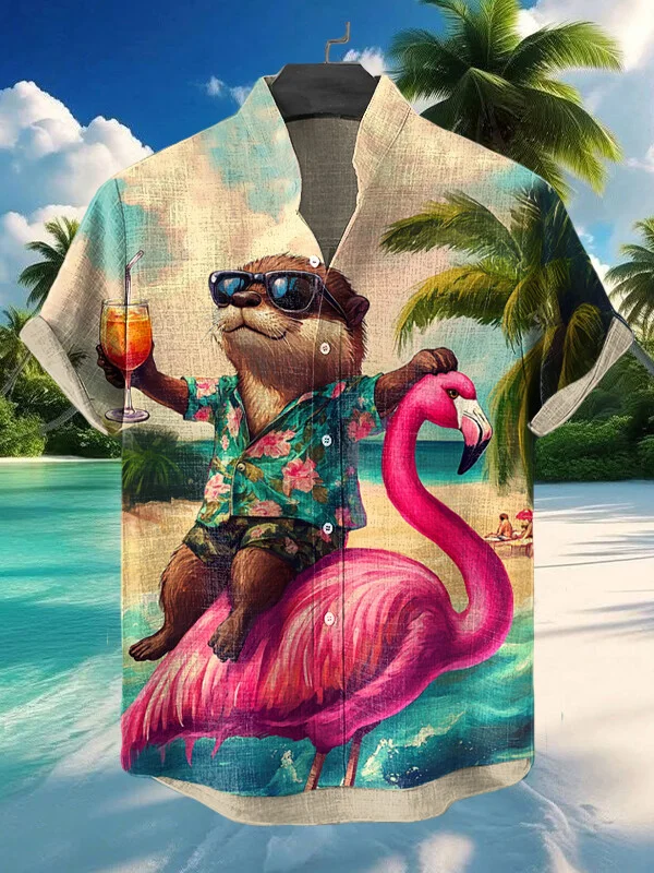Men's Otter Wearing Sunglasses Hawaiian Flamingo Print Short Sleeve Shirt