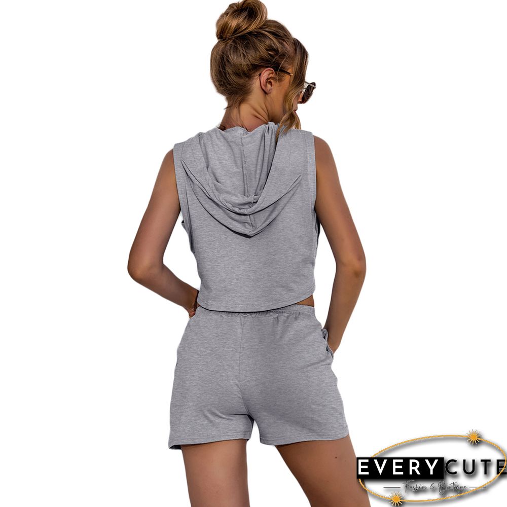 Light Gray Drawstring Hooded Tank with Shorts Set