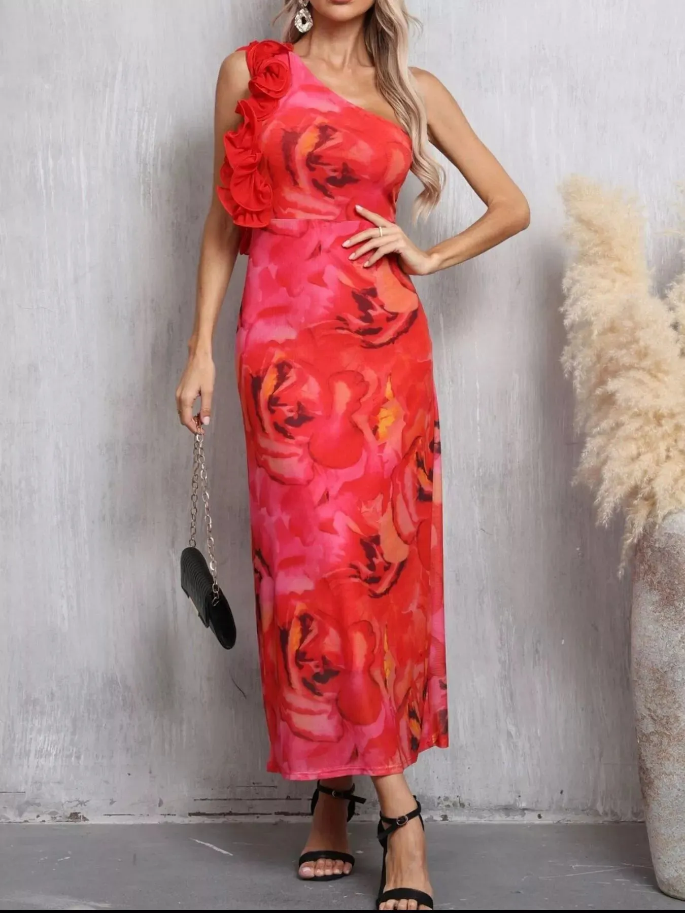Floral Print One Shoulder Ruffle Trim Dress mysite idetrend
