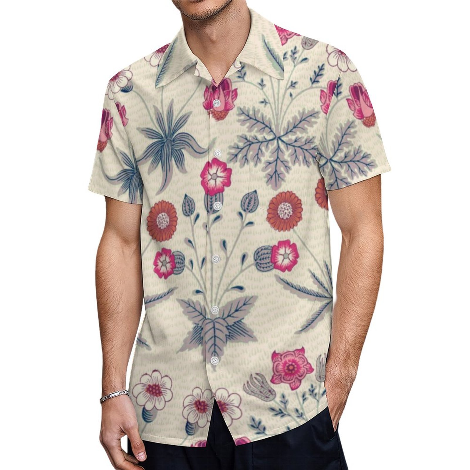 William Morris Daisy Floral Pattern Red Orange Hawaiian Shirt Mens Button Down Tropical Hawaii Beach Shirts