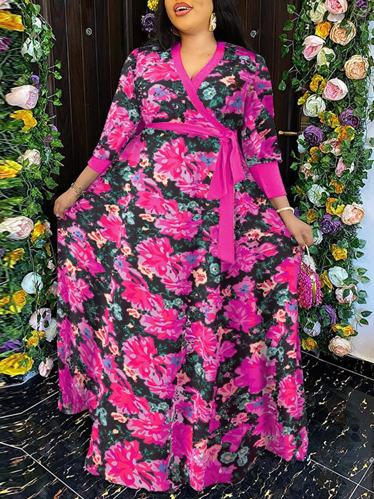 Allover Flower Print Belt Wrap V-neck 3/4 Sleeve Maxi Dress SKUJ42119 QueenFunky