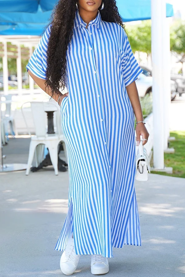 Casual Lapel Striped Shirt Maxi Dress