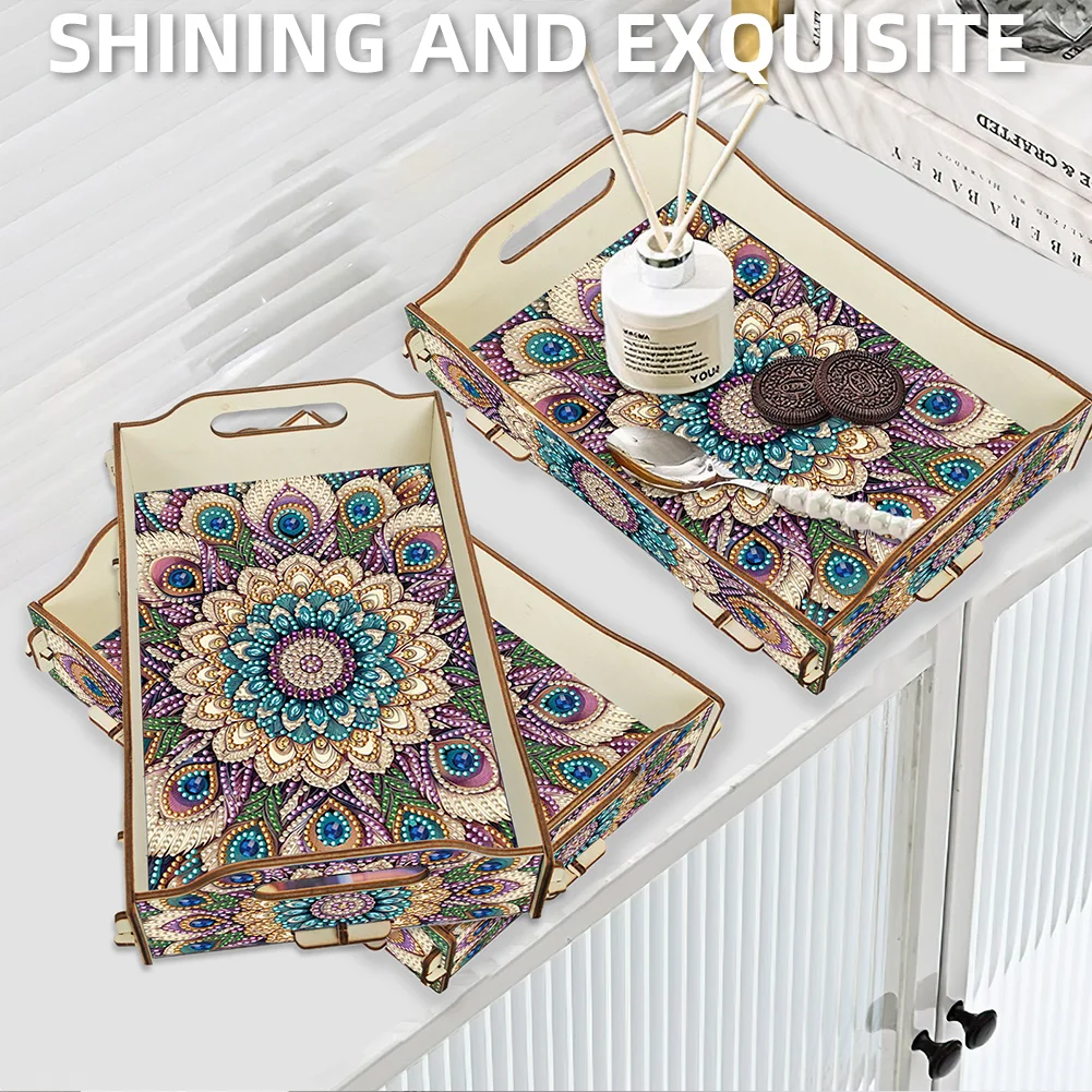 5D DIY Mandala Diamond Painting Wooden Serving Tray with Handle for Coffee Table