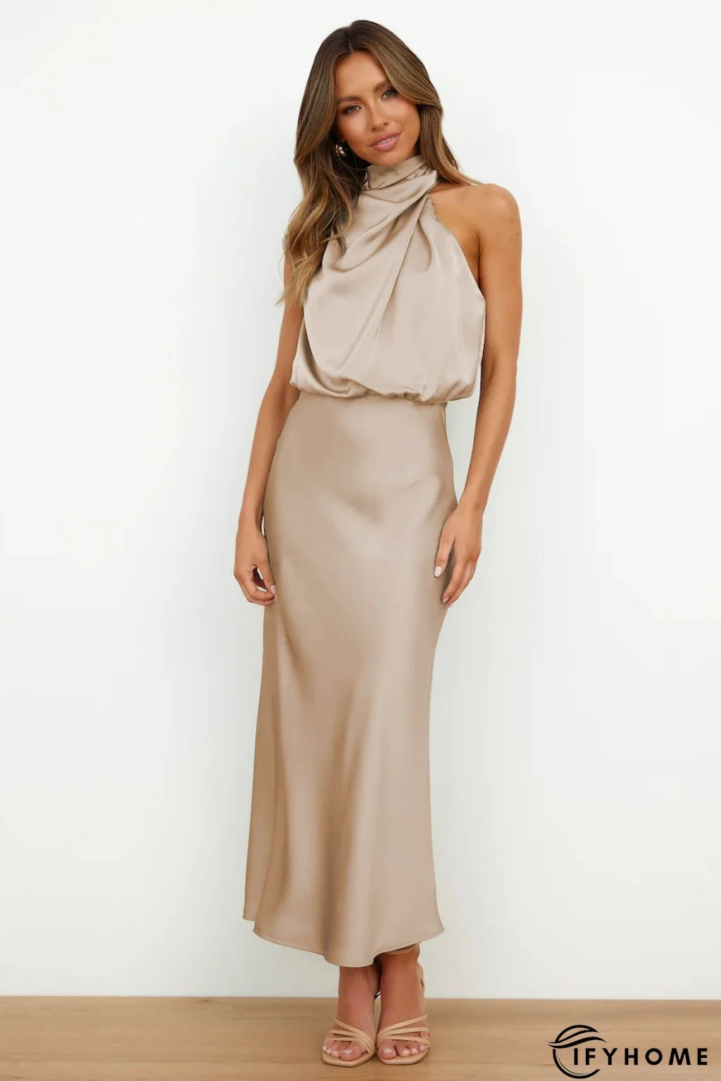 Solid Color Crew Neck Sleeveless Belted Midi Dress | IFYHOME