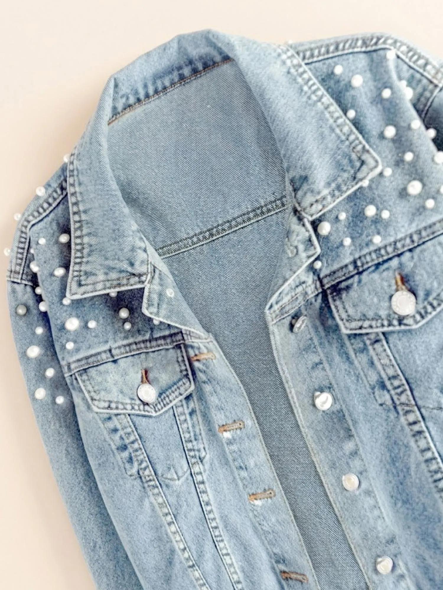 Perfect for Summer Music Festivals, Light Blue  Pearl Embellished and Sequin Tassel Fringe, Premium Cotton Denim, Women's Two-Piece Set