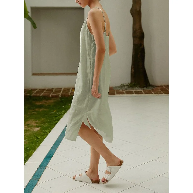 sonicelife 100% Linen Elegant Summer Women Dress  Spaghetti Strap V-Neck Open Side Long Midi Dress Vestidos Female Clothing