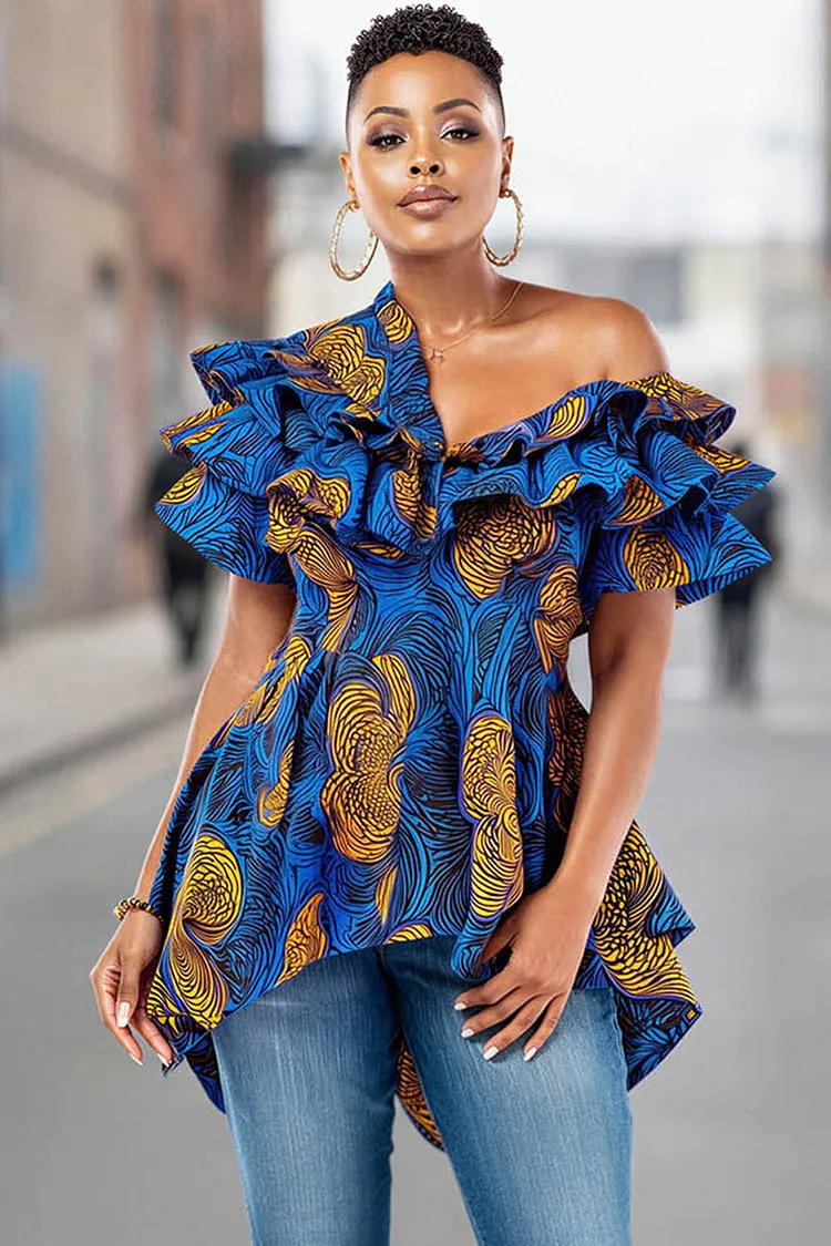 Xpluswear Design Plus Size Business Casual Blue All Over Print Asymmetrical Collar Short Sleeve Asymmetric Hem Ruffle Blouses [Pre-Order] 2024 - Xpluswear