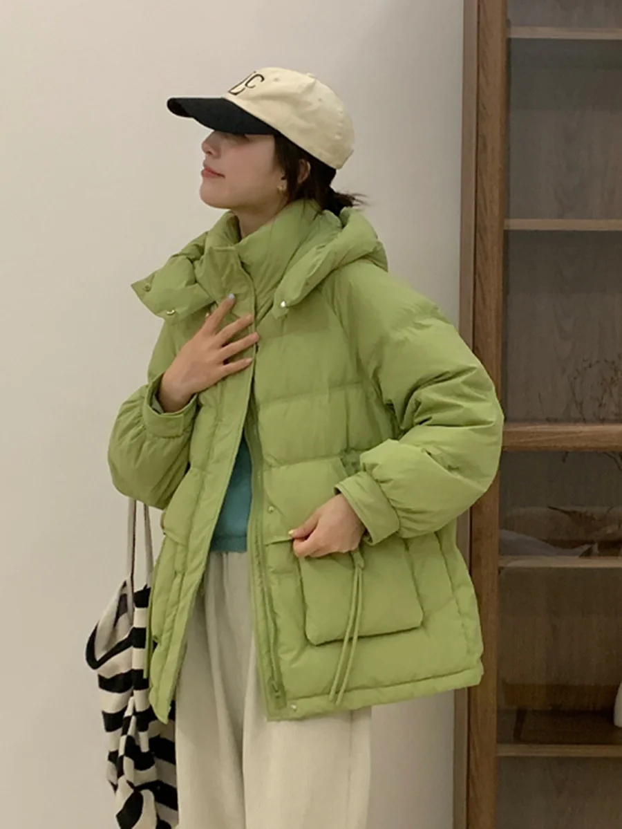 Woherb Sweet Crescent Buckle Down Jacket Women's Short Style 2024 Winter Fashion Thick Warm Hat Small White Duck Down Coat-Outfit Ideas