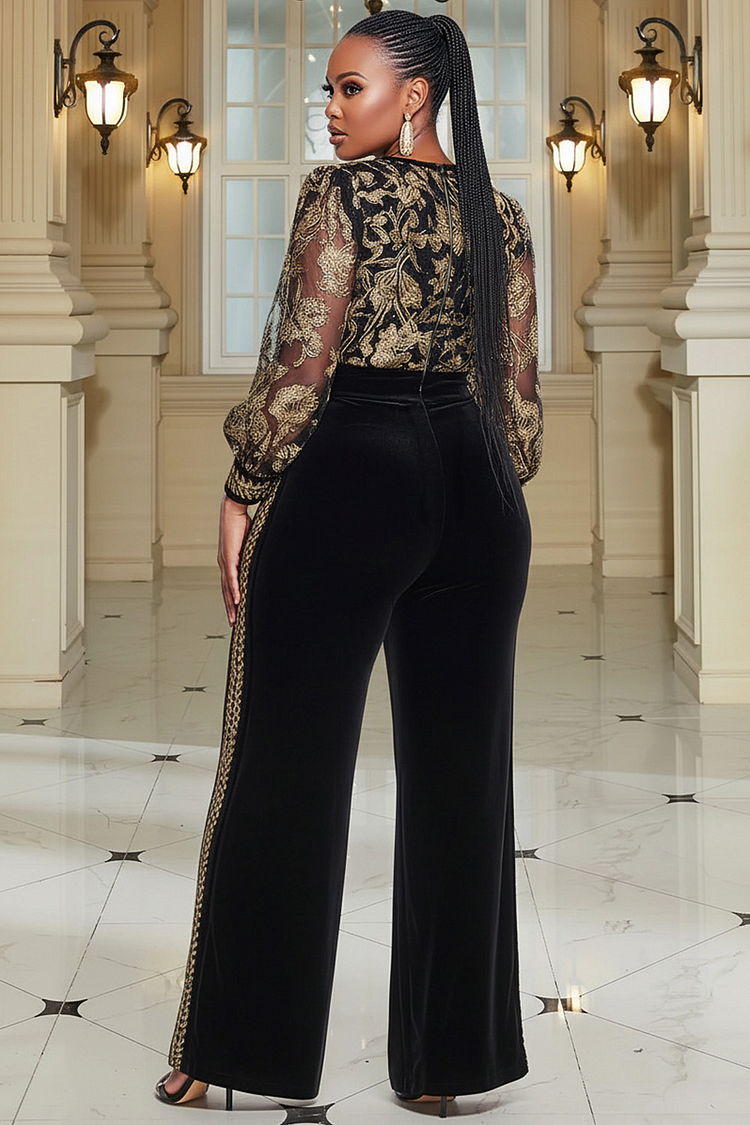 Xpluswear Design Plus Size Formal Black Gold V Neck Lantern Sleeve Long Sleeve See Through Elegant Wide Leg Tulle Velvet Jumpsuits