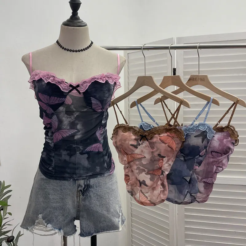 Brownm Real-Shooting Lace Bow Repair Body Tie-Dye-Print Mesh Hottie Pure Desire Sling Vest With Chest Cushion Top 8851