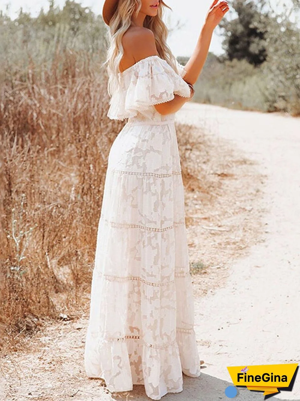 Summer Solid Embroidery Lace Long Dress Elegant Off Shoulder Ruffles High Waist Dress Sexy Slash Neck Backless Chic Beach Dress