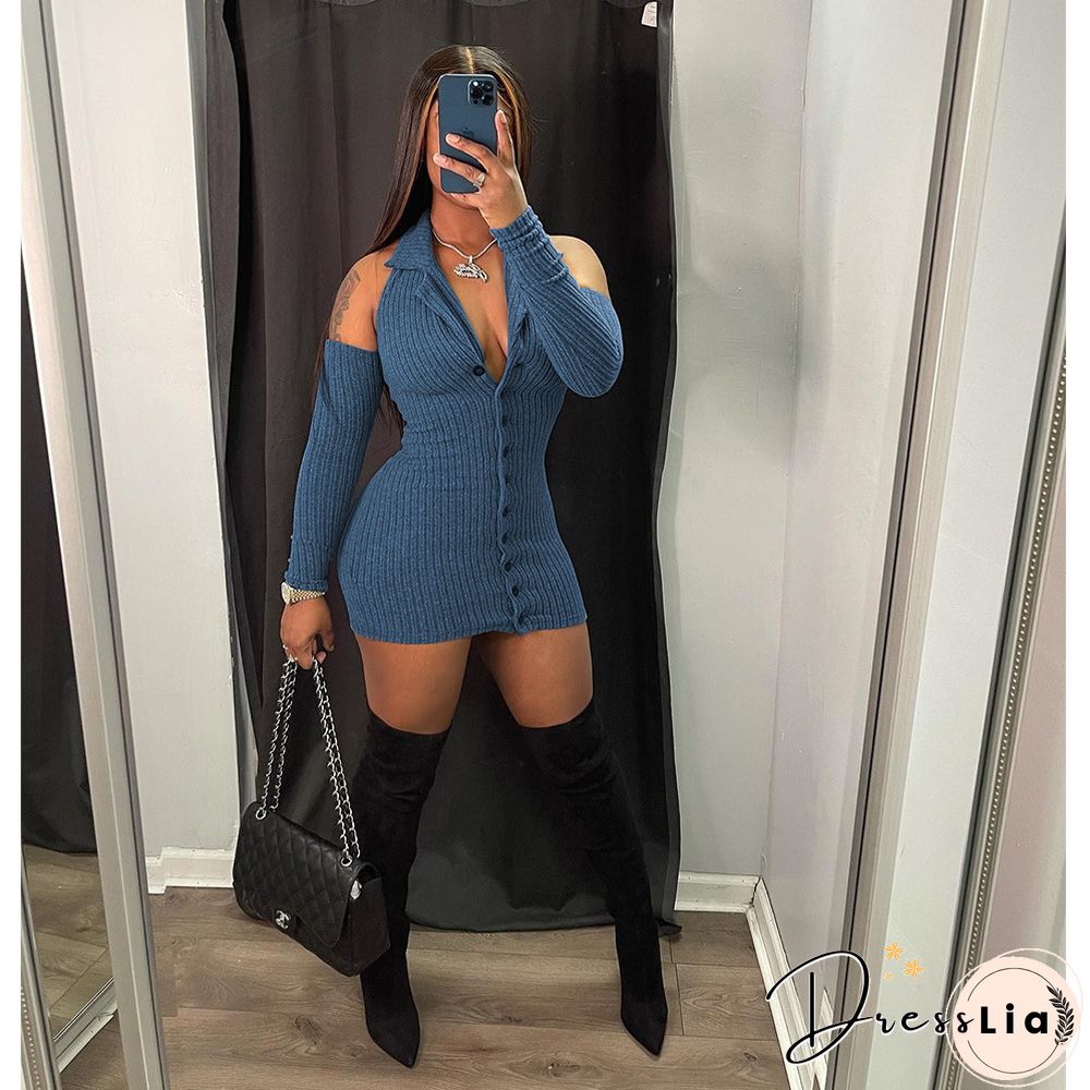 Autumn Ribbed Long Sleeve Lapel Bodycon Mini Dress