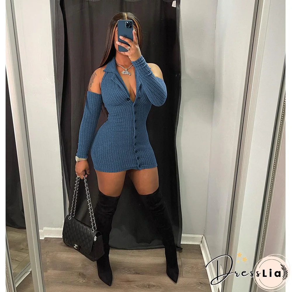 Autumn Ribbed Long Sleeve Lapel Bodycon Mini Dress