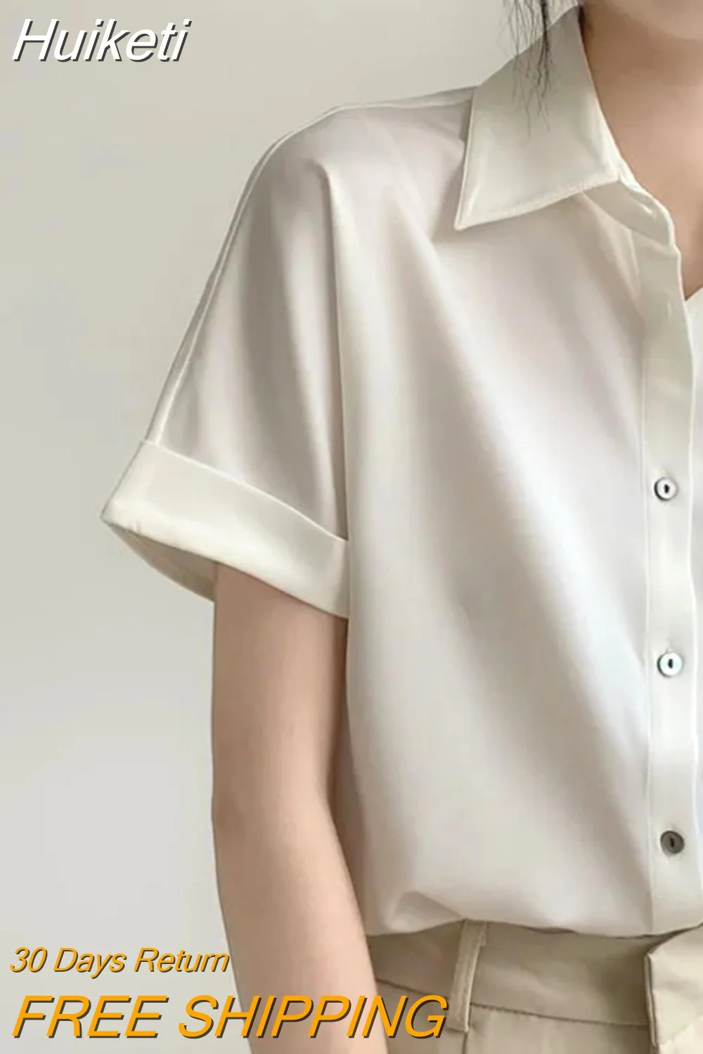 Huiketi Elegant Women Chiffon Shirt White Office Summer Short Sleeve Summer Ladies Tops Casual Loose Large Size Button Up Blouse