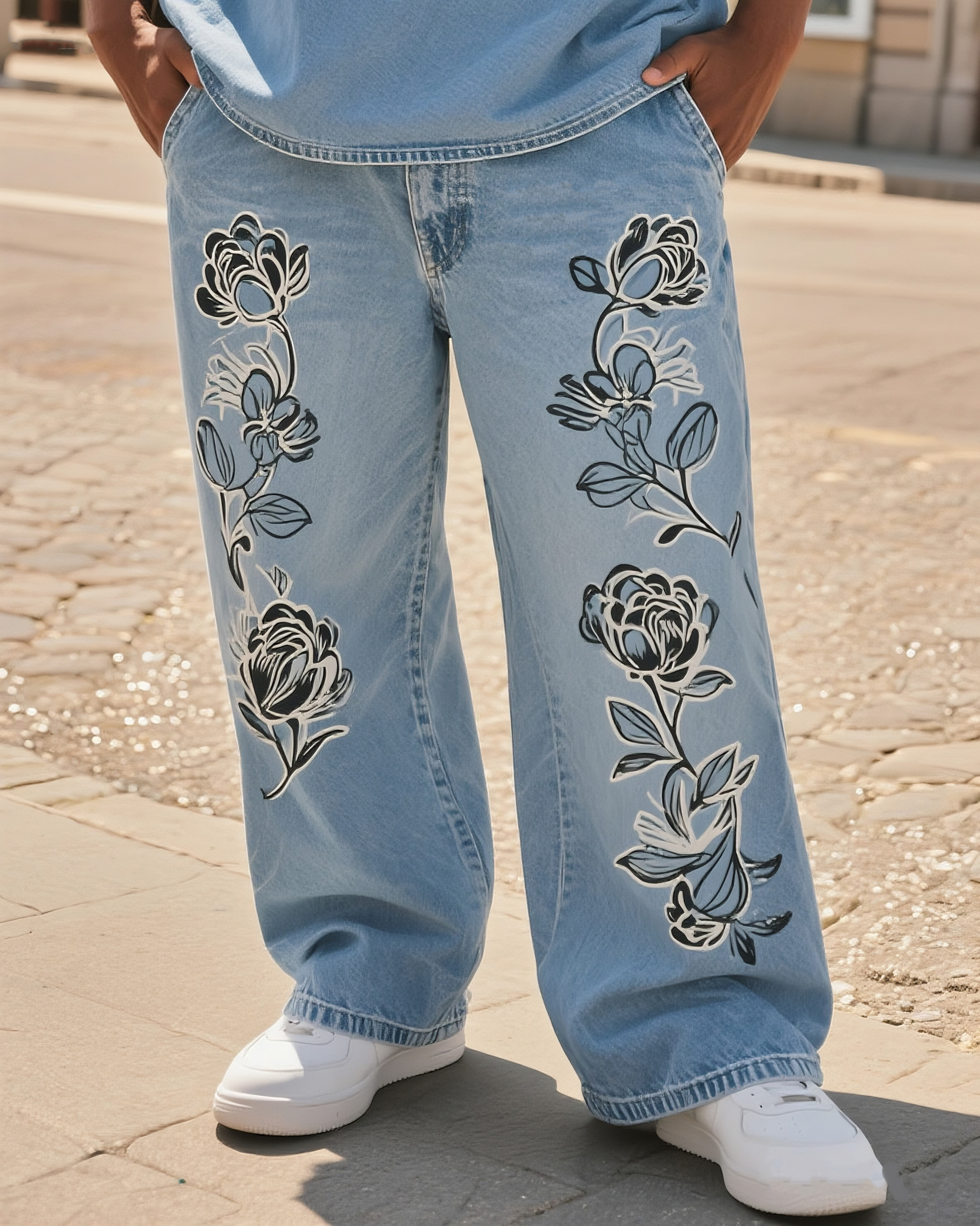 Big & Tall Men's Street Fashion Trend Personalized Black Rose Flower Denim Trousers