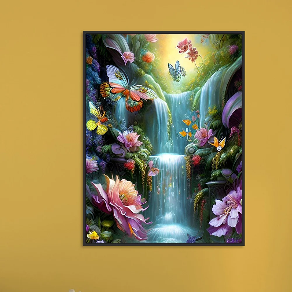 Diamond Painting - Full Round Drill - Flower Butterfly Waterfall(30*40cm)