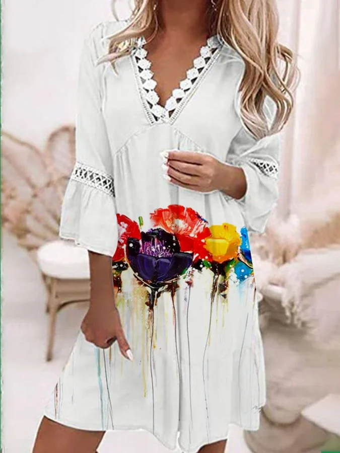 Women's V-Neck Printed Lace Patchwork Floral Dress(S-5XL)