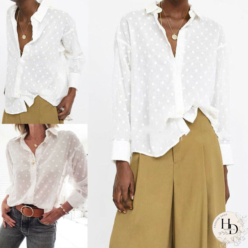 Women Blouses Autumn Long Sleeve Blouse White Ladies Button Tops Polka Dot Shirt Tee Elegant Office Lady Blouse Shirts