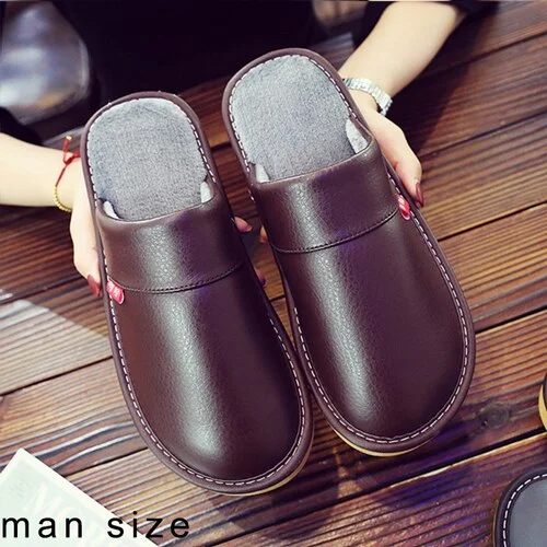 Leather Couple Shoes Autumn Winter home slippers Man Fashion Big size indoor Waterproof Men slippers with fur soft socofy