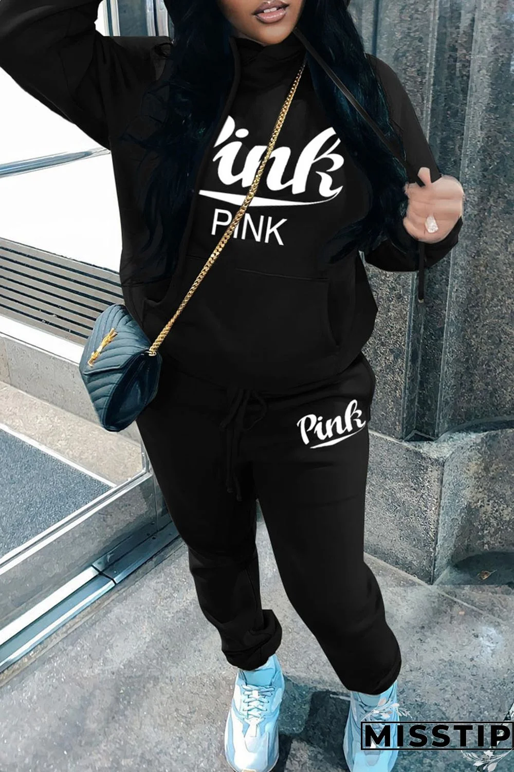 Black Casual Letter Print Basic Hooded Collar Long Sleeve Two Pieces