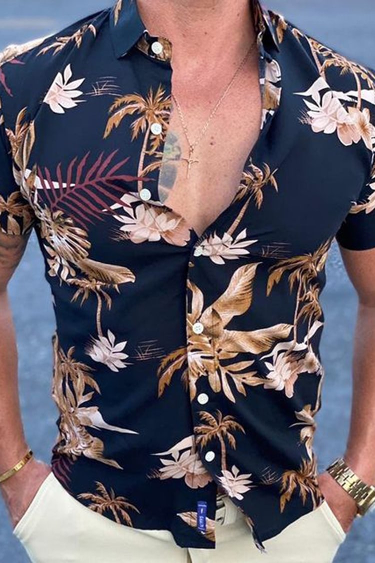 Tiboyz Men's Casual Color-block Floral Print Shirt
