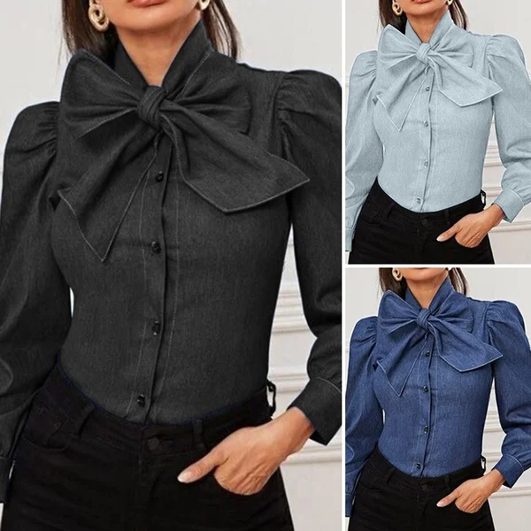 Women Long Sleeve Shirt Elegant Blouse Tunic Bow Tie Denim T-Shirts Plus Size