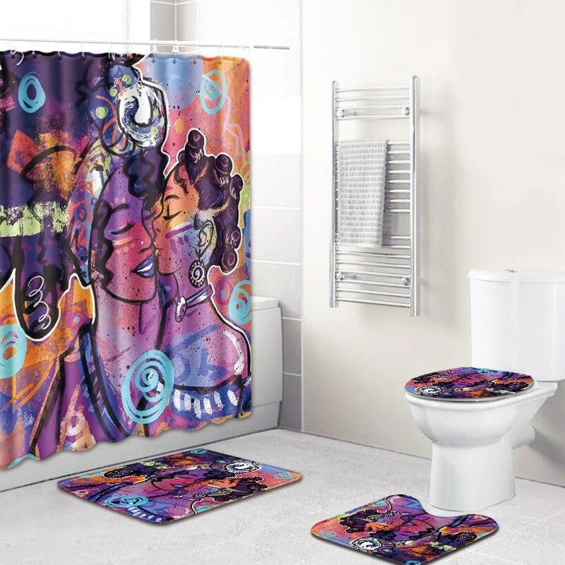 King Queen Couple African Shower Curtain Polyester Fabric Lovers Art Painting Home Decoration Bathroom Curtain Non-slip Bath Mat