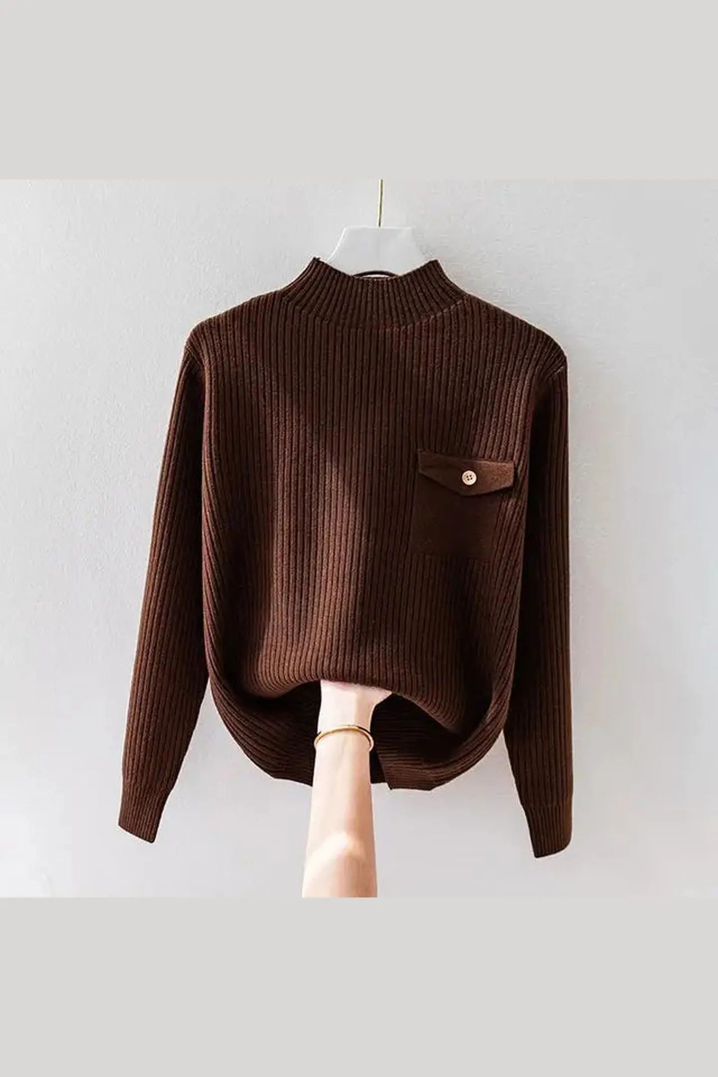 Women's Ribbed Knit Jumper &ndash; Mock Neck with Button Detail